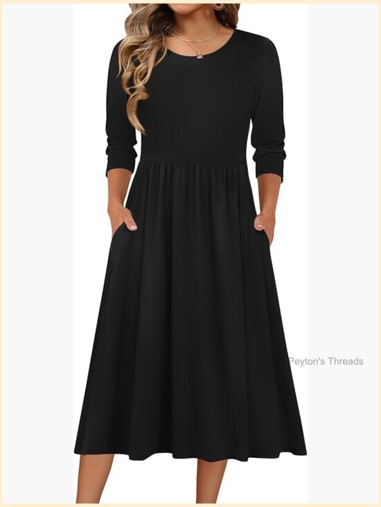 Dresses & Skirts - 3/4 Sleeve Midi Dress with Pockets, Crewneck, A-Line Flowy Tshirt Dress, Soft